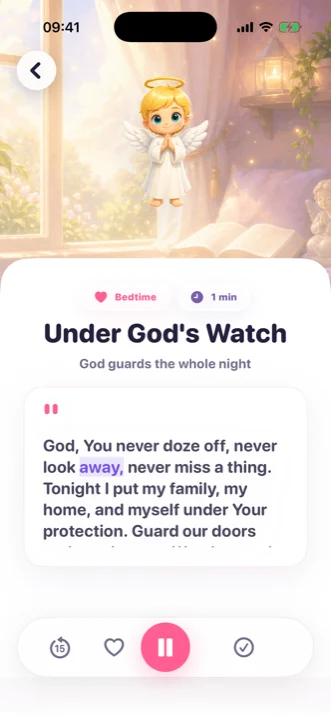 A guided prayer read aloud with karaoke-style word highlighting